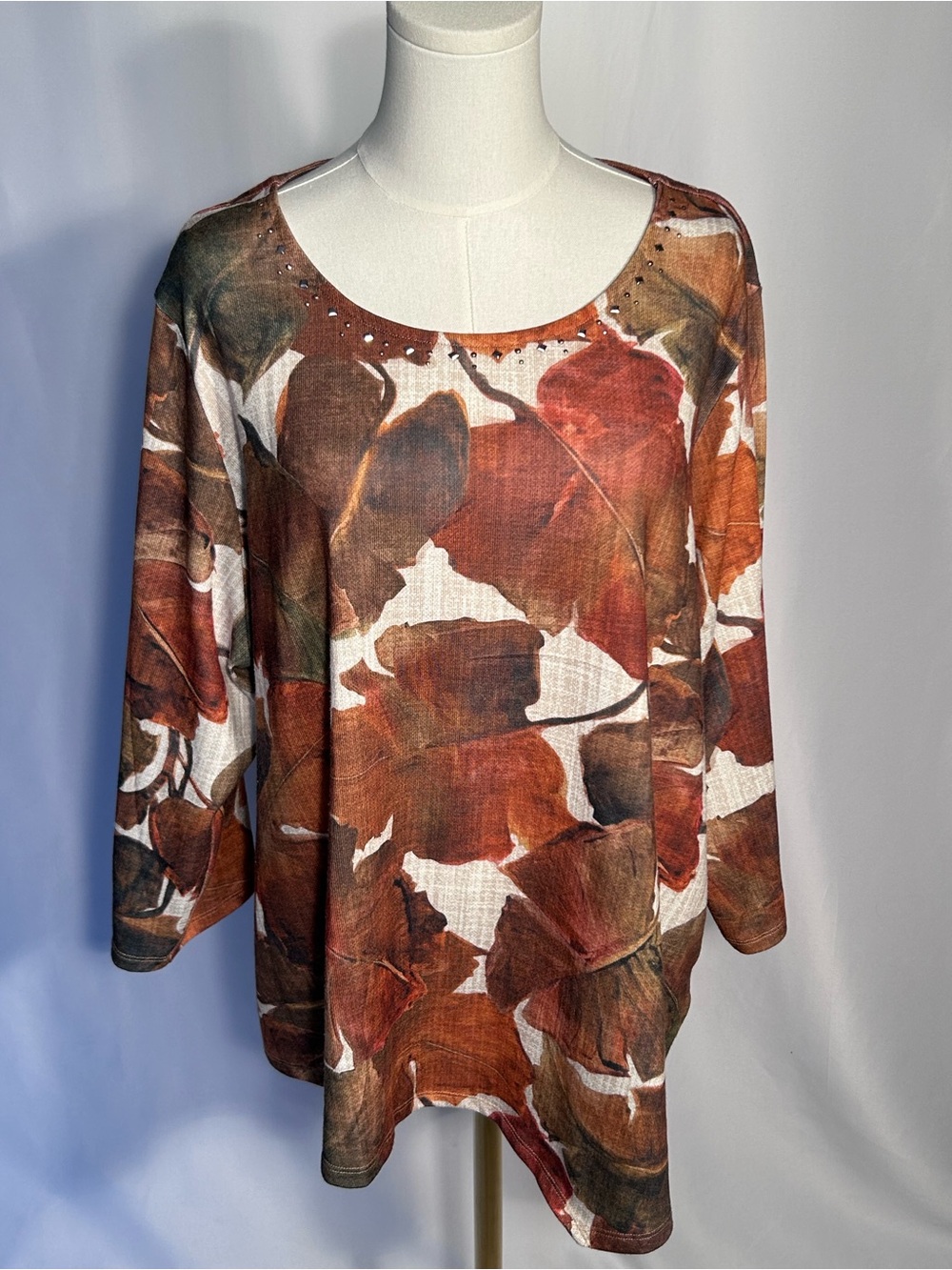 Alfred Dunner Woman Fall Leaf Print Embellished Knit Top Plus Sz 3X Thanksgiving